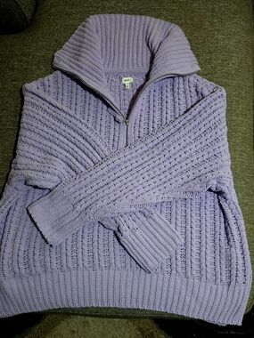 aerie Lavender Zip-Front Knit Funnel Collar Sweater